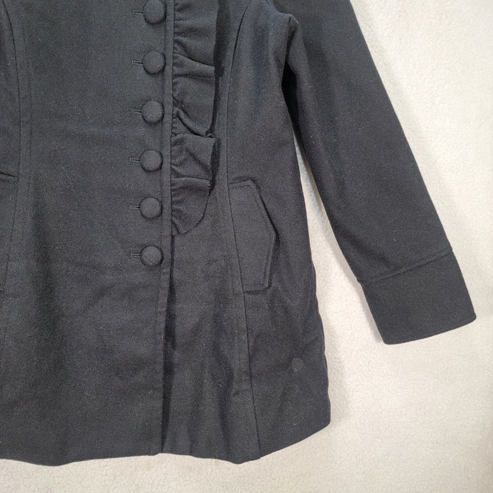 Kimchi Blue Black Wool Ruffled Button High Neck Classic Warm Pea Coat Jacket - Picture 4 of 15